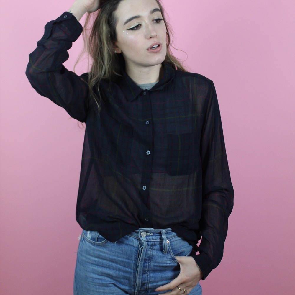 Navy plaid sheer button front top